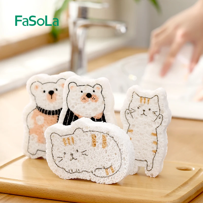 FaSoLa сжатого ручной насос для мытья посуды с древесный целлюлозный хлопок кухонный хорошо впитывают воду эффектом потертости; Горшок спонжевой насадки мультфильм прочная Чистящая губка