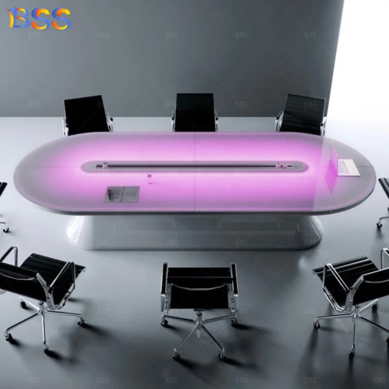 BSS Latest Stunning Unique 8 Seats Racetrack Shape Translucent Led Marble Luxury Oval Meeting Table