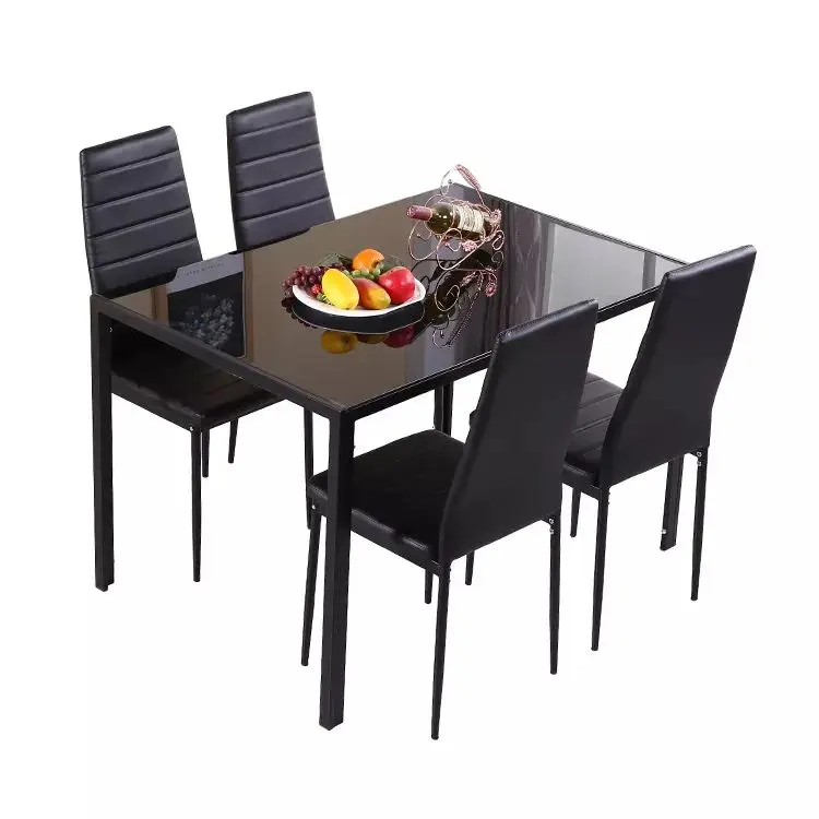 Dinning Table Set Free Sample Classic 4/6 Seat Modern Fiber Square Glass Top Metal Leg And Upholstered PU Chair Dining Table Set