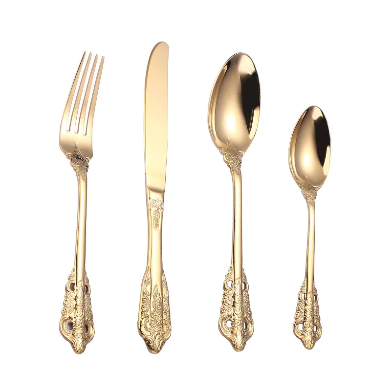 Royal Vintage 304 Stainless Steel Knife Fork Spoon Luxury High Quality Gold Wedding Cutlery Set