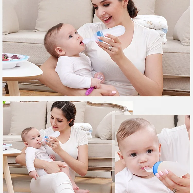 90ML Newborn Baby Feeding Bottle Squeeze Feeding Spoon Milk Cereal Bottle Baby Training Feeder Toddler Safe Silicone Supplies