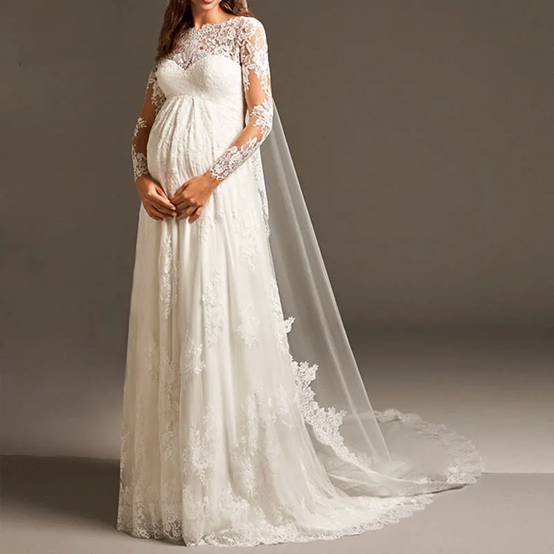 NE228 Elegant Empire Pregnant Wedding Dress With Long Sleeve Maternity Lace Bridal Gowns For Women Mariage