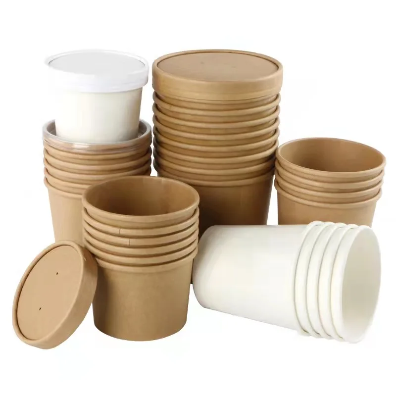 Custom Print Eco-friendly Disposable Food To Go Packaging Kraft Paper Rice Soup Cup Take Away Salad Bowl with Lid