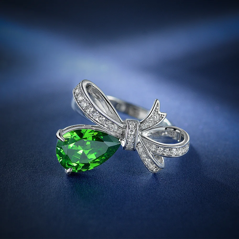 925 Sterling Silver Green Pear Stone Diamond Bow Knot Cubic Zirconia engagement rings jewelry for women