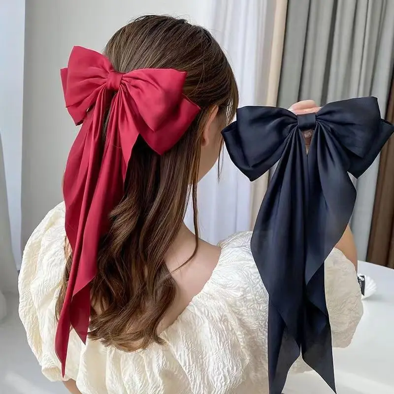 Jiamu Hot Sale Fashion Women Accessories Hair Ribbon Bow Knot Pure Color Satin Hair Bow With Metal Hair Clip Wholesale