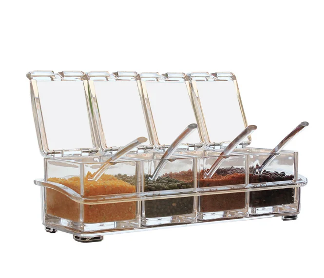 4 Pcs Kitchen Seasoning Box Clear Spice Storage Container Condiment Jars with Spoon and Cover