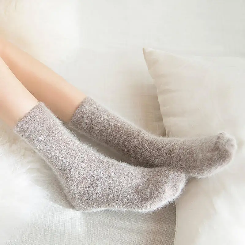 2024 New Style Angora Rabbit Wool Socks Solid Color Warm Winter Sports Socks for Women Cozy Thick Warm Winter Sox