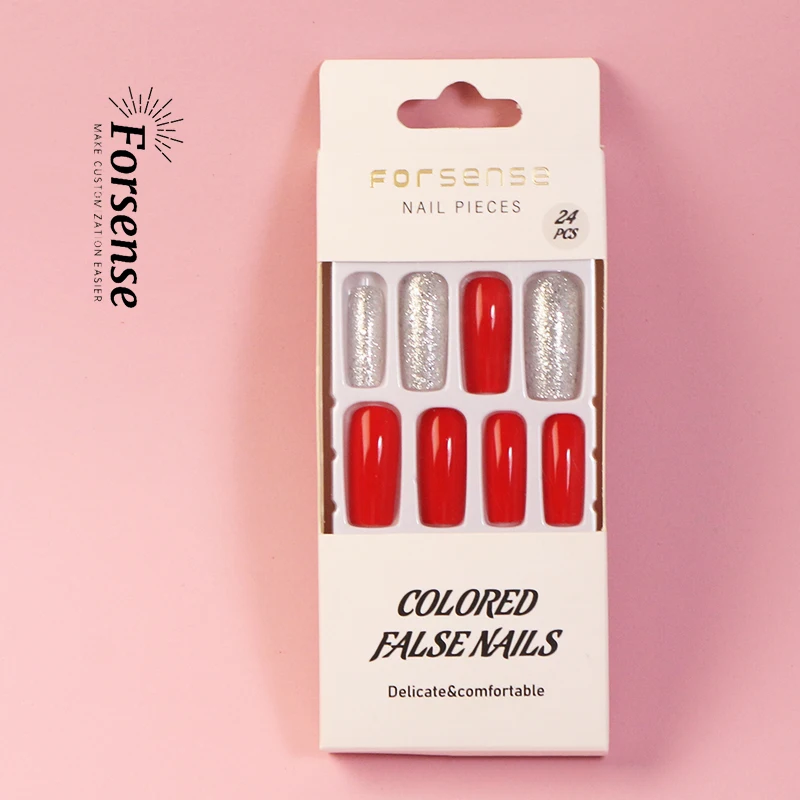 high quality designer red square fake nails extra long luxury press on nails glitter custom logo artifical false nails wholesale