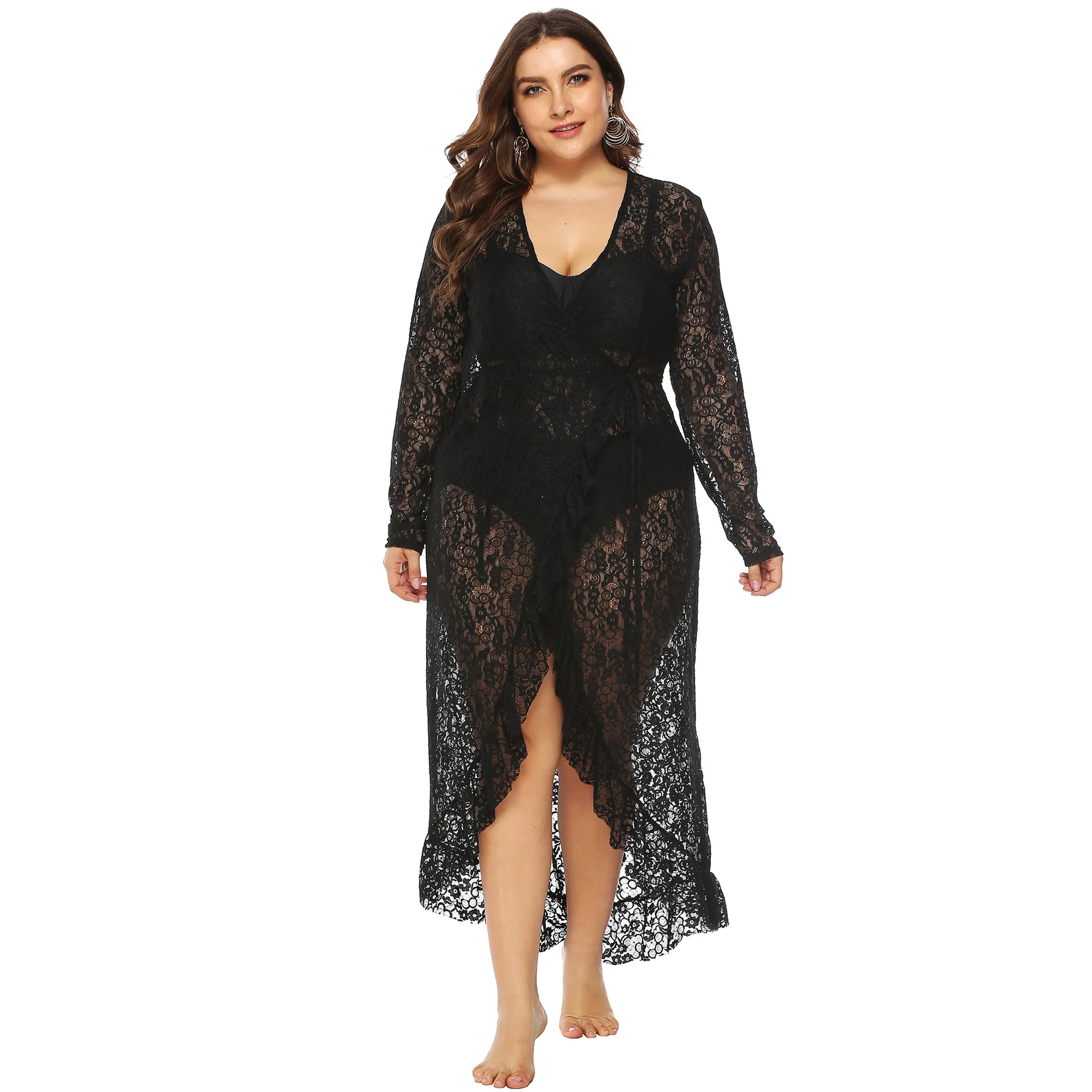 Factory  Lace crochet hollow out Irregular flounces plus size beach cover up dress see through pareo and sarong bikini cover ups