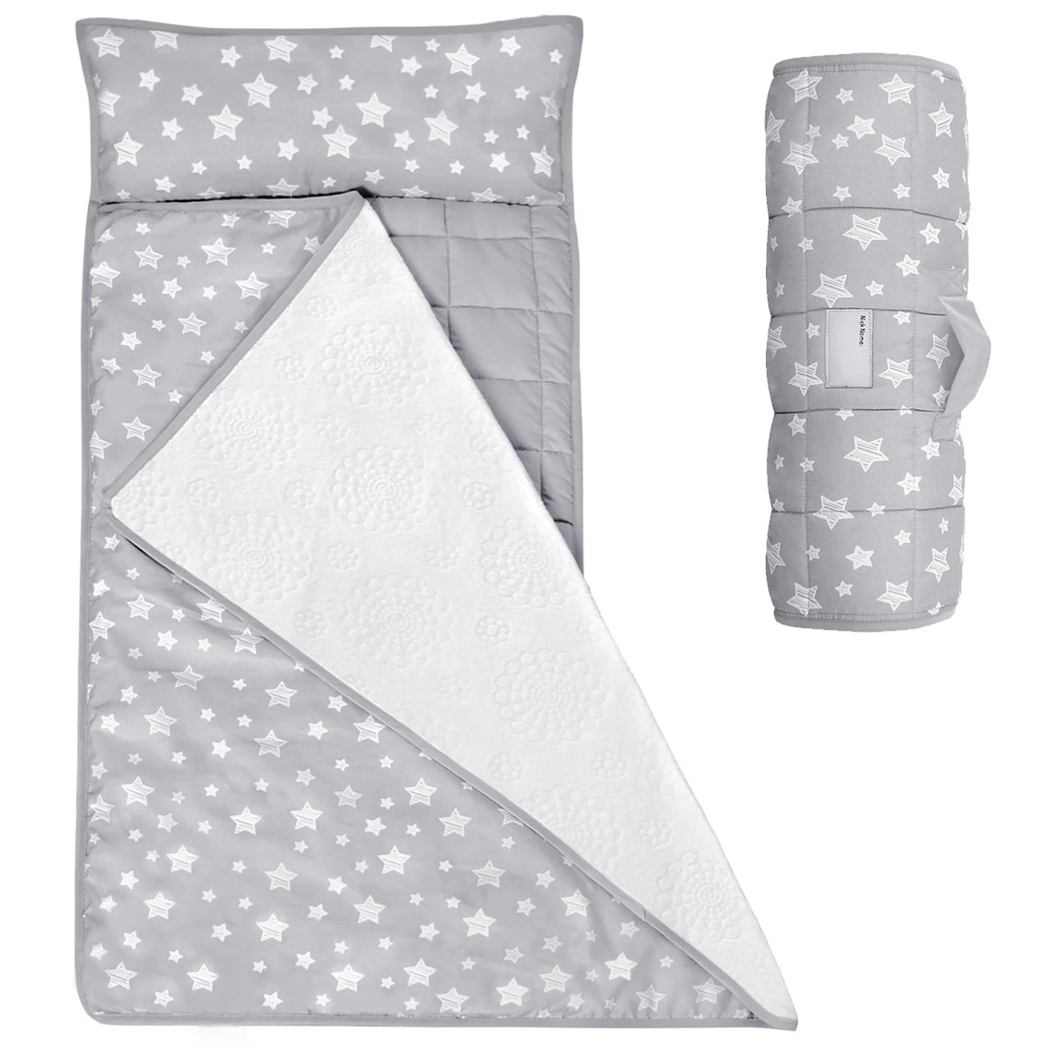 Toddler Nap Mat Gray/Stars With Removable Pillow and Fleece Minky Blanket,Lightweight Nap Mat for Girls, Travel Nap Mat for Boys
