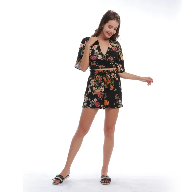 
hot sale breathable floral elastic waist drawstring polyester summer casual ladies shorts 