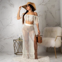 2020 women hot sale off-shoulder cutout dress sexy ladies high split knitted beach dress