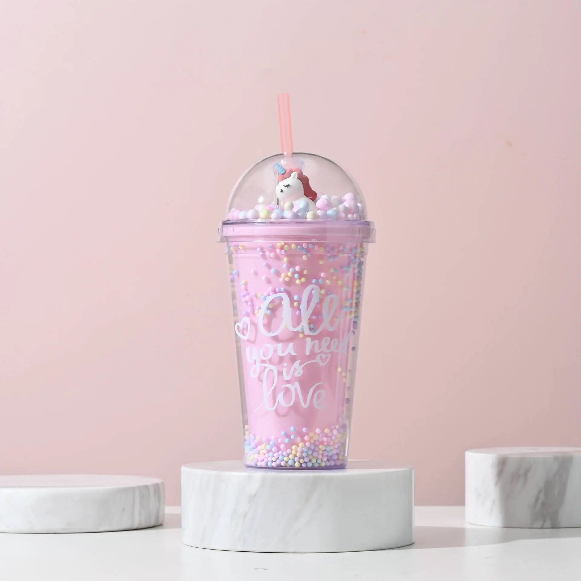 Kawaii Girls 550ml Unicorn Double Wall Juice Drinking Cup Leakproof Bpa Free Travel Reusable Plastic Tumbler Cup With Straw