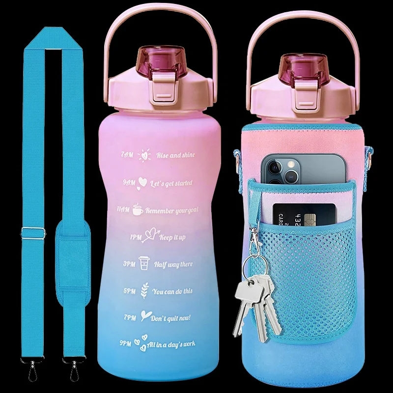 Hot Sale 2L Half Gallon Gym Motivational Water Bottle with Shrink Sleeves and Straw Cleaner