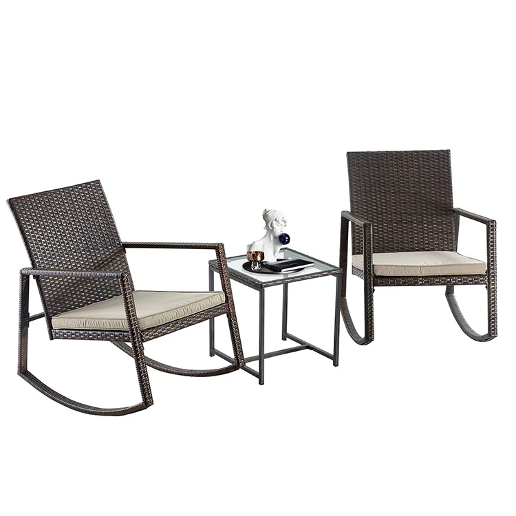 
Modern 3 Pcs Patio Bistro Set Outdoor Garden Furniture Wicker Rocking Chair Set Cane Rocking Chair 