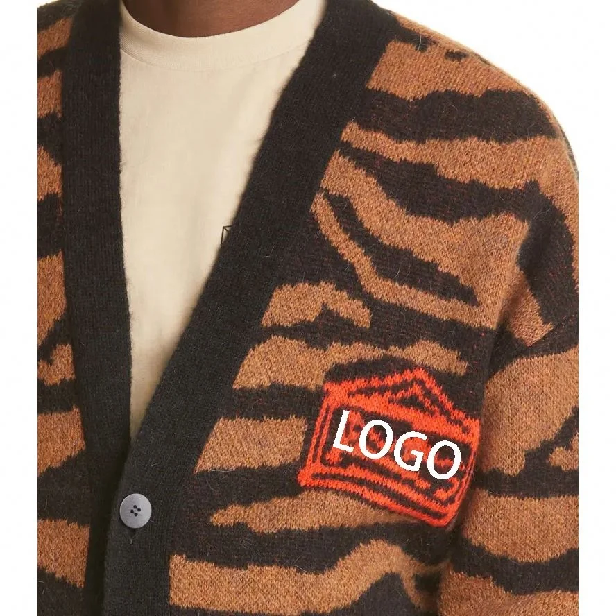 Custom Logo Knit Loose Fit Tiger Stripe 100% Wool Jacquard Cardigans Knitwear V Neck Cashmere Mohair Sweater Cardigan For Men