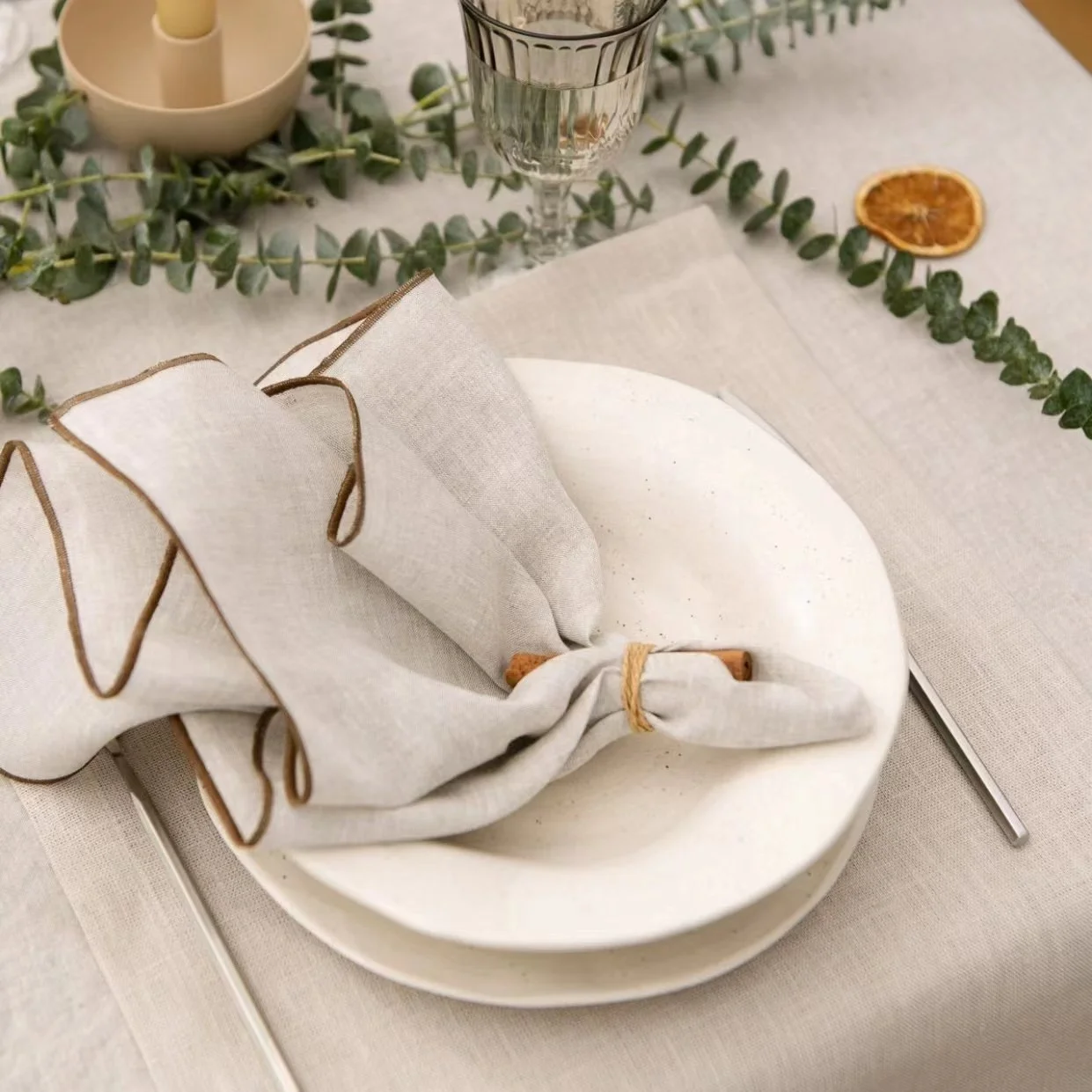 Hand Embroidery Borders Custom Print 100% Flax Linen Dinner Napkins hemstitch napkin