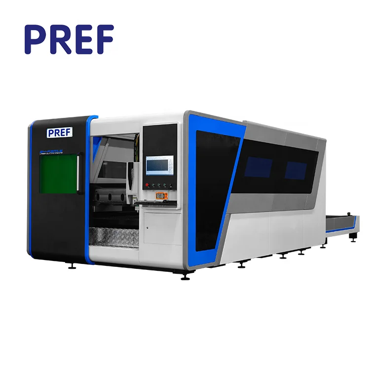PREF High Power Enclosed Fiber Laser Cutting Machine Double Exchange Table S.S. M.S Al. Cut Ruida Control Software AI Graphic