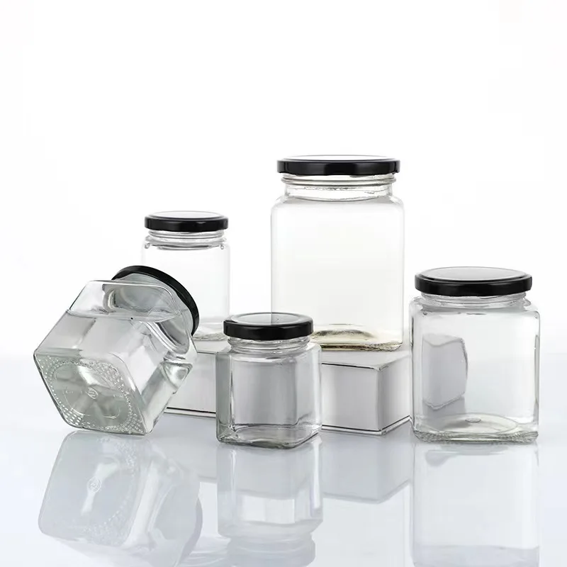 Glass Mason Jar 50ml 80ml 150ml 200ml 280ml 500ml square glass Jars with Black metal Lids For Storage Food Honey
