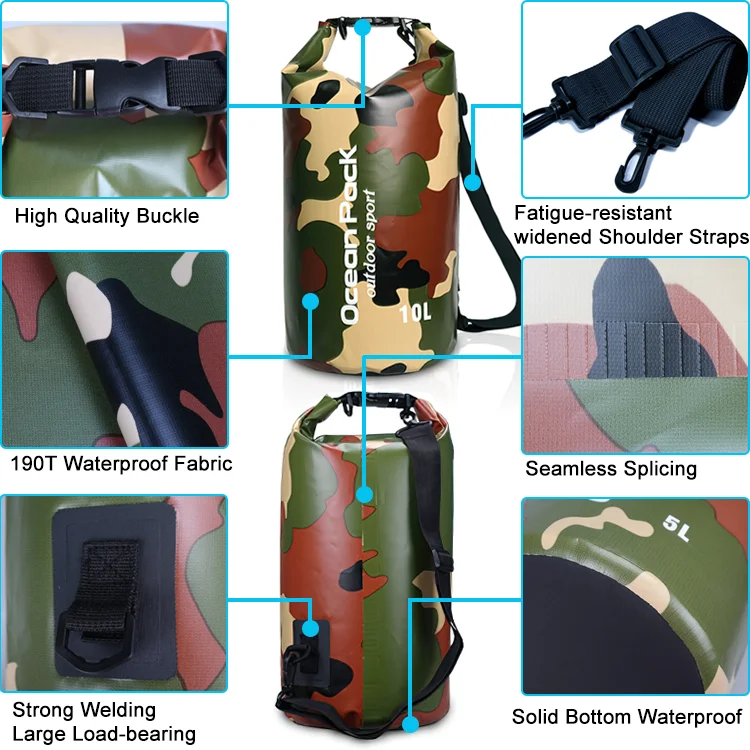 Custom Logo 2L 5L 10L 15L 20L 25L  PVC Waterproof Swimsuit Backpack Phone Swimming Beach Sport Outdoor Camo Dry Bag