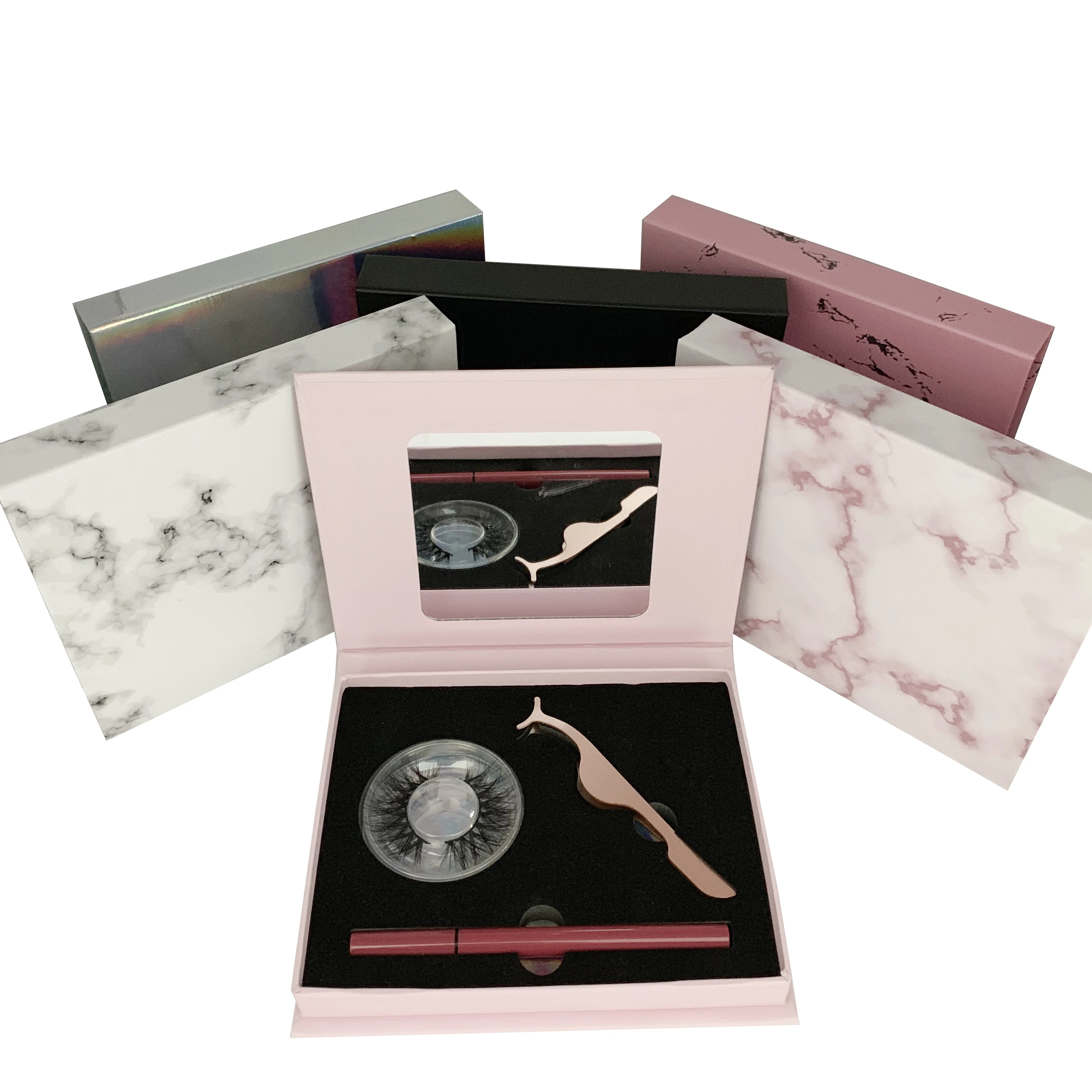 Custom Mirror False Eyelash Packaging Box Magnetic 3 Pairs Real Mink Eye Lash Extension Kit With Lashes Applicator and Glue