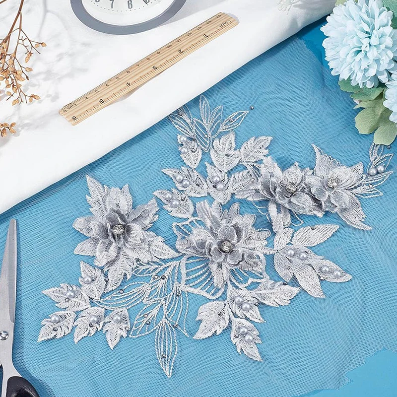 Factory Custom Lace Stickers Decals Handmade 3d Flower Bridal Rhinestone Bodice Applique Sew On Patches