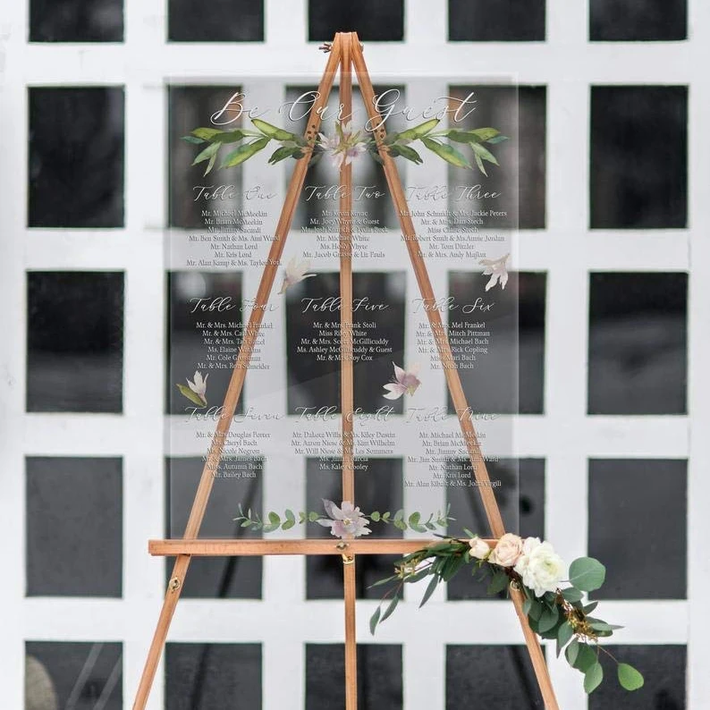 Roll over image to zoom in Seating Chart Wedding Clear Sign for Wedding Display, Painted Style Pressed Flower Style Modern Deco
