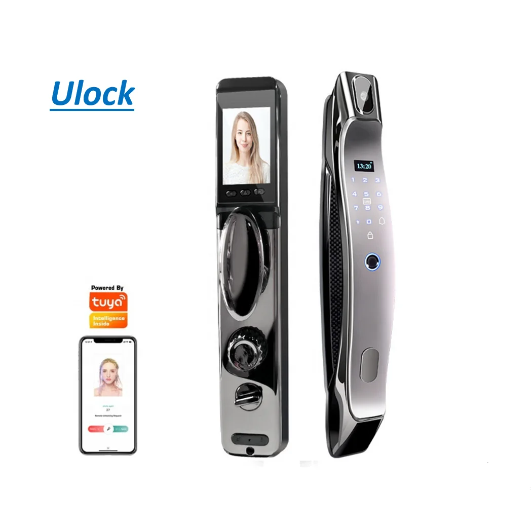 Ulock push pull automatic tuya wifi  biometric fingerprint smart door lock with camera password Key