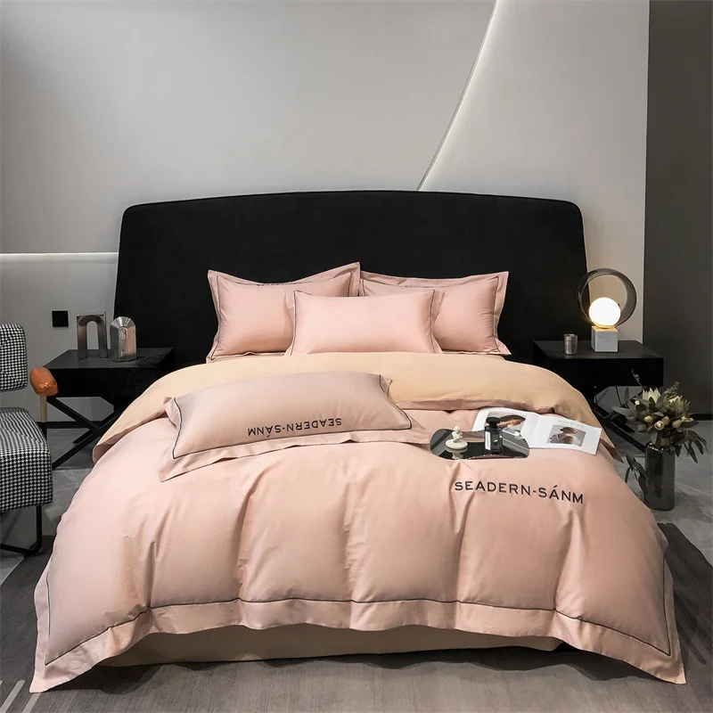 Plain cotton four pieces set exquisite embroidery AB face  matching quilt cover simple Bedding Set for bedroom