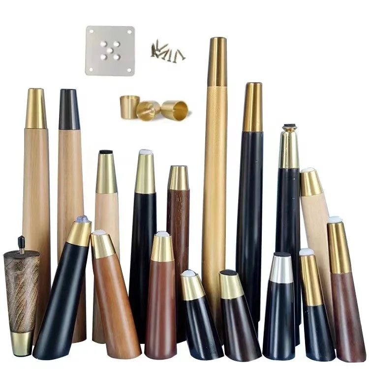 table legs wood Oak furniture Wooden legs Coffee Round wood Table Legs with brass feet for table furniture