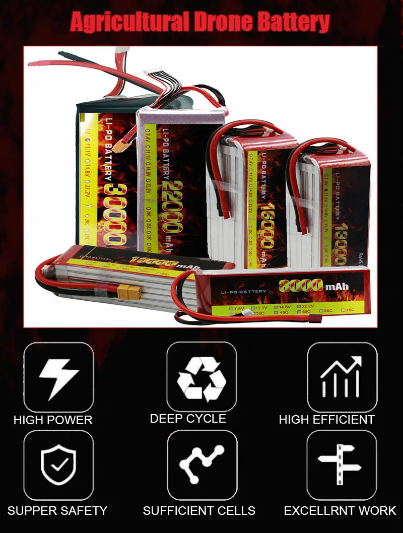 Deep Cycle Solid State Lipo Battery 12S 44.4V 22000MAH 5C FPV Battery Drone Batteries for Agriculture Drone