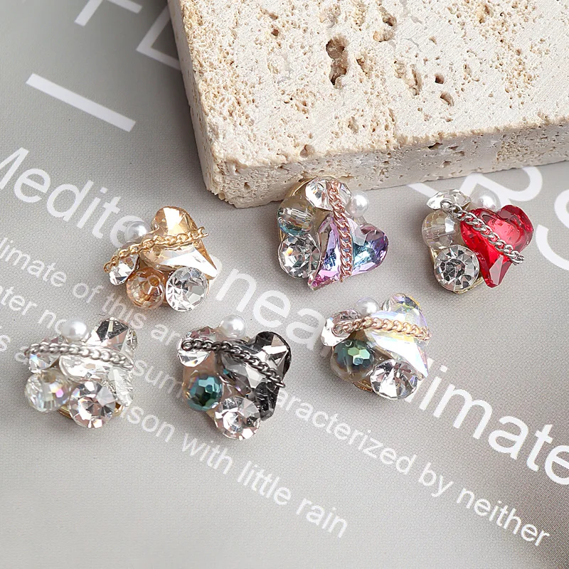 Hot Nail Art Chain Full Rhinestones 3D Nail Art Metal Heart Shape Glitter Rhinestones Diamonds for Manicure Decor
