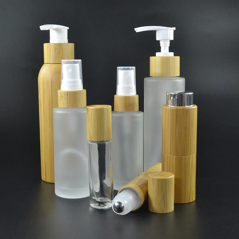 Wholesale Cosmetic Lotion Packaging 30ml 50ml 100ml 120ml 150ml Frosted Glass Spray Bottle With Bamboo Lid