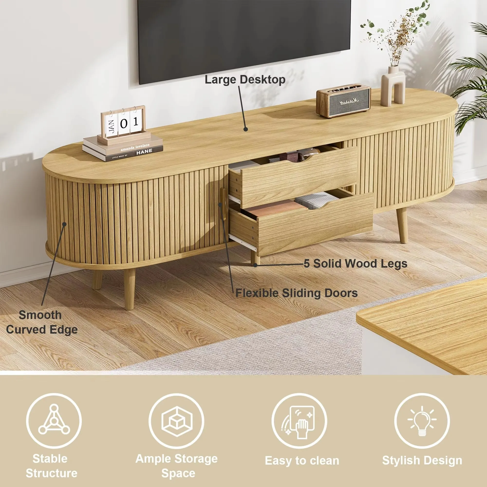 Farmhouse Curved Round Edge TV and Media Console Table 2024 New TV Cabinet with Siding Door