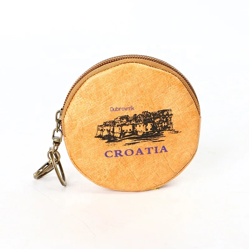 Factory custom mini  coin  purse round shape key bag  brown Tyvek  paper  storage bag waterproof   wallet