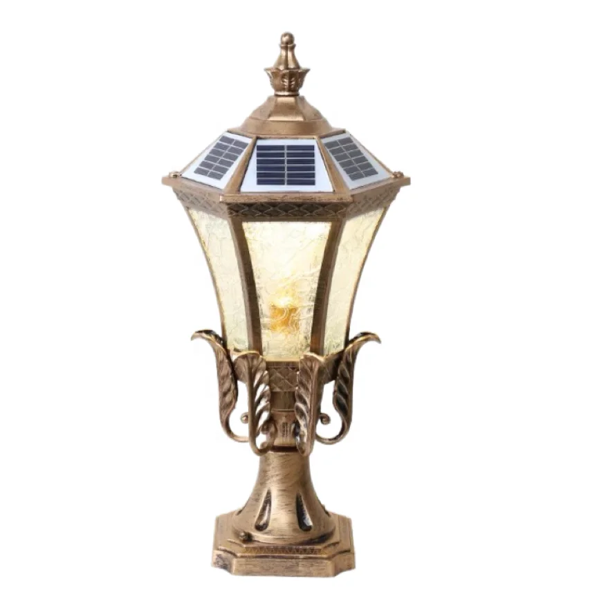 European style antique copper outdoor solar column headlight dual-purpose outdoor waterproof villa entrance guard light