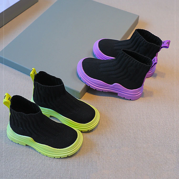 Custom LOGO Spring Fall Stretch Fabric Platform Knit Botas Kid Children Shoes Slip on Chunky Ankle Chelsea Boots for girls kids