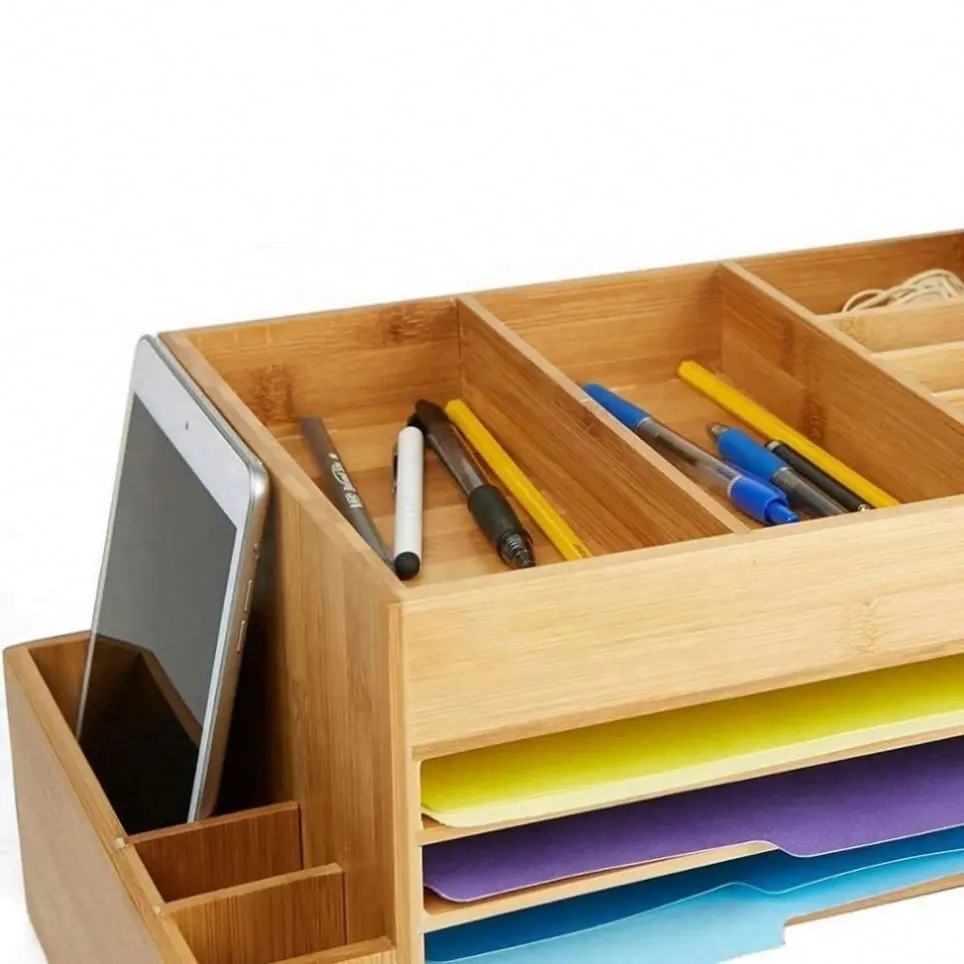 Bamboo Wooden Table Reader Desk File Organizer 16 Compartments Storage Box