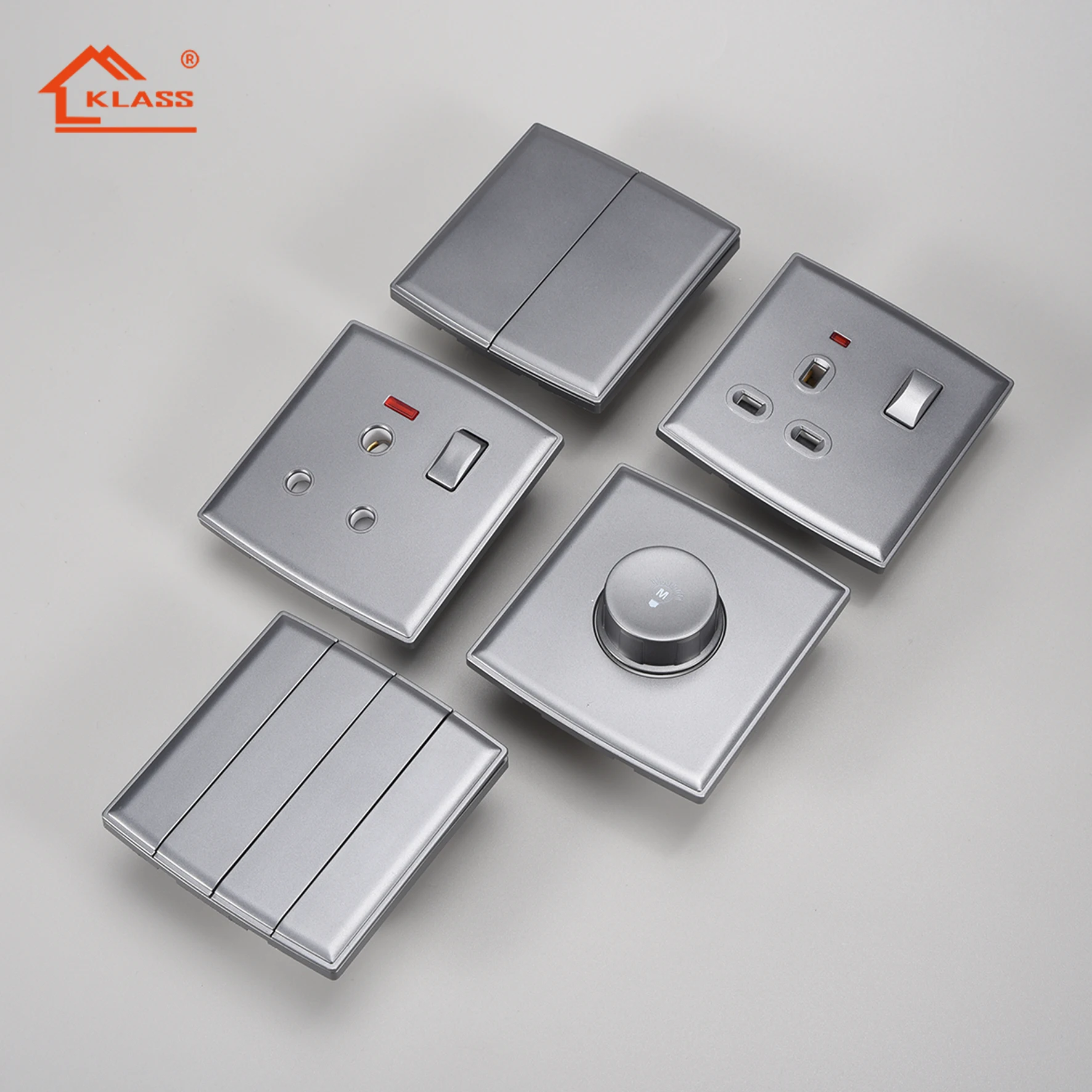 KLASS British standard 16A  250V wall switches with 2 gang 1 way push button switches for home electric power switch and socket