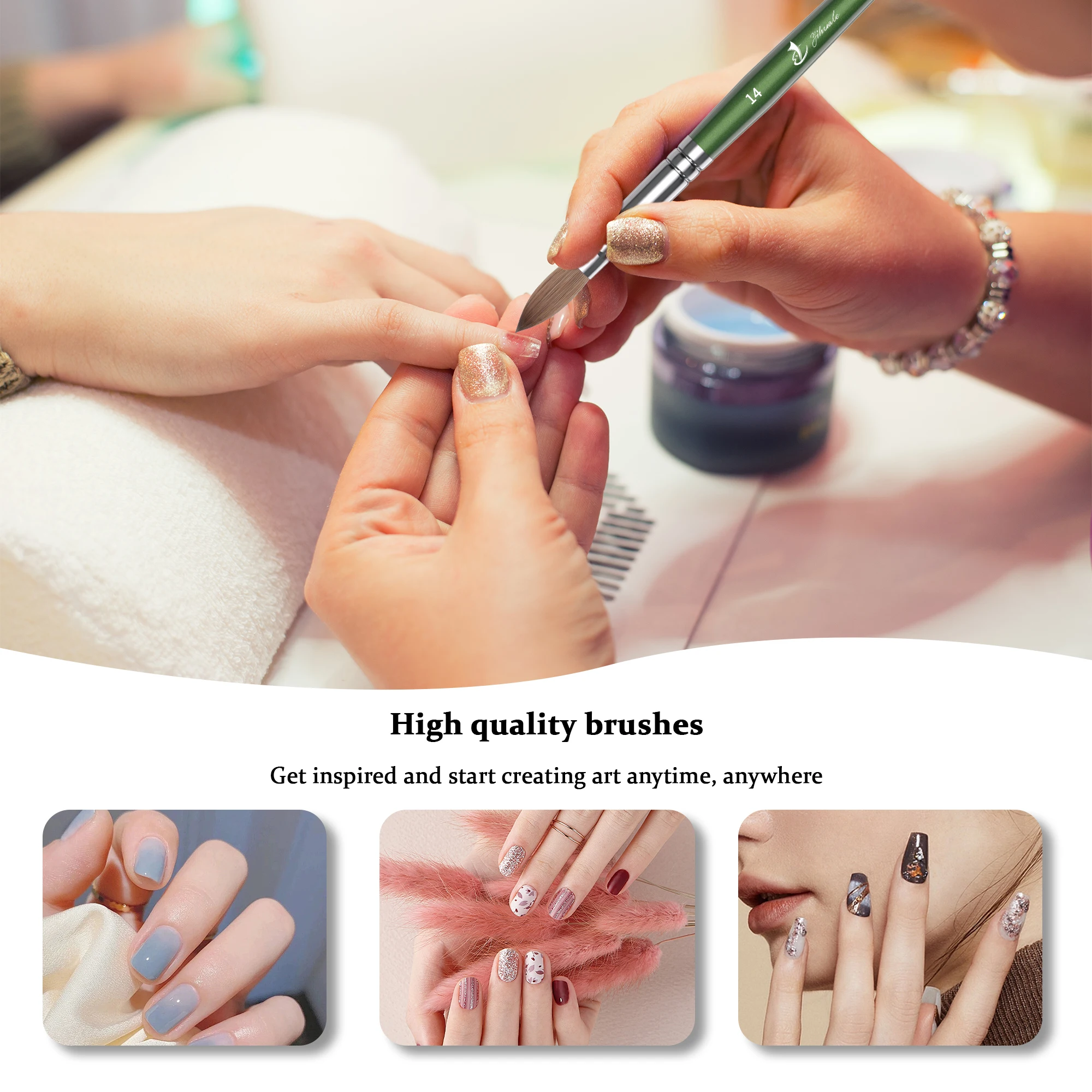 Wholesale OEM Packaging Silver Ferrule Green Wooden Crimped 100% Kolinsky Acrylic Nail Brush Nails size 8 10 12 14 16 18 20