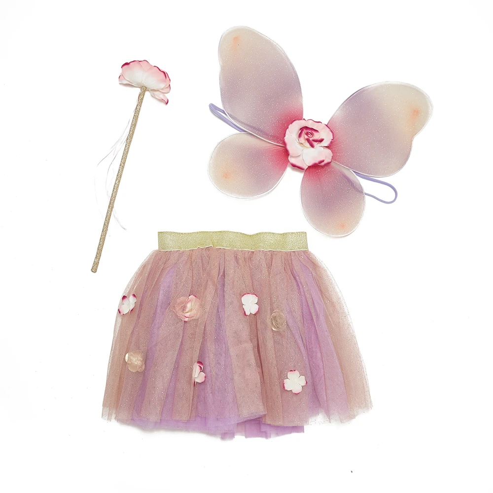 Pink purple gradient gauze dress with rose + butterfly wings + fairy stick tutu set for girls party tutu set