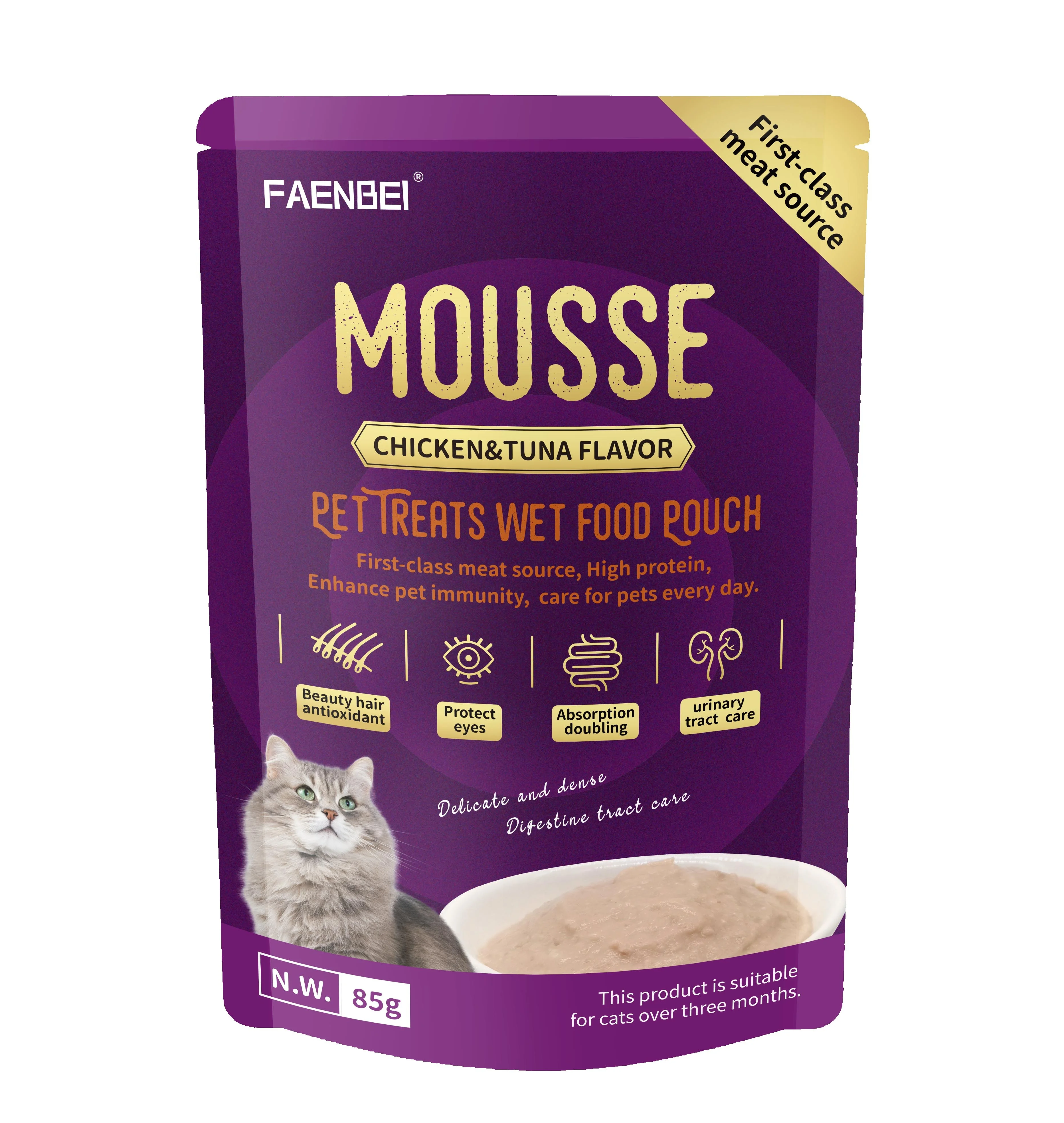 FAENBEI, мокрый корм для кошек, корм для домашних животных, тунец в желе, ароматизатор, влажный корм, 85 г в мешочке от китайского оптовика
