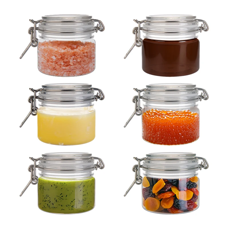 RTS 10pcs / lot 200ml Freshness Preservation PET Plastic Food Container Oil Soft Sweets Clip Top Storage Jar