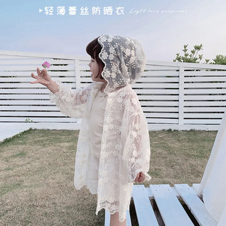 2021 Summer Children Girl Beige Lace Long Sleeve Cardigan Jacket 2-9T