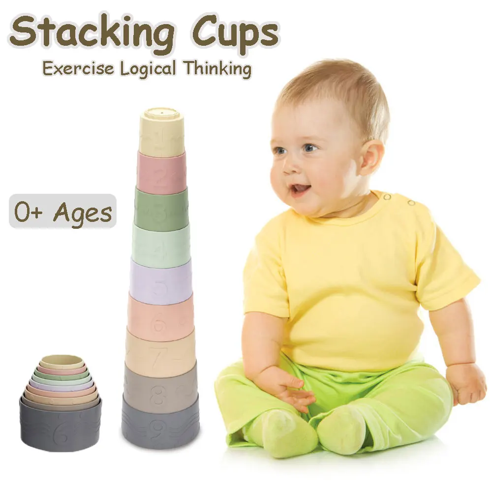 Educational Shower Toys Nesting Cups STEM Number Learning Pattern Silicone Teething Soft Building Blocks for Baby