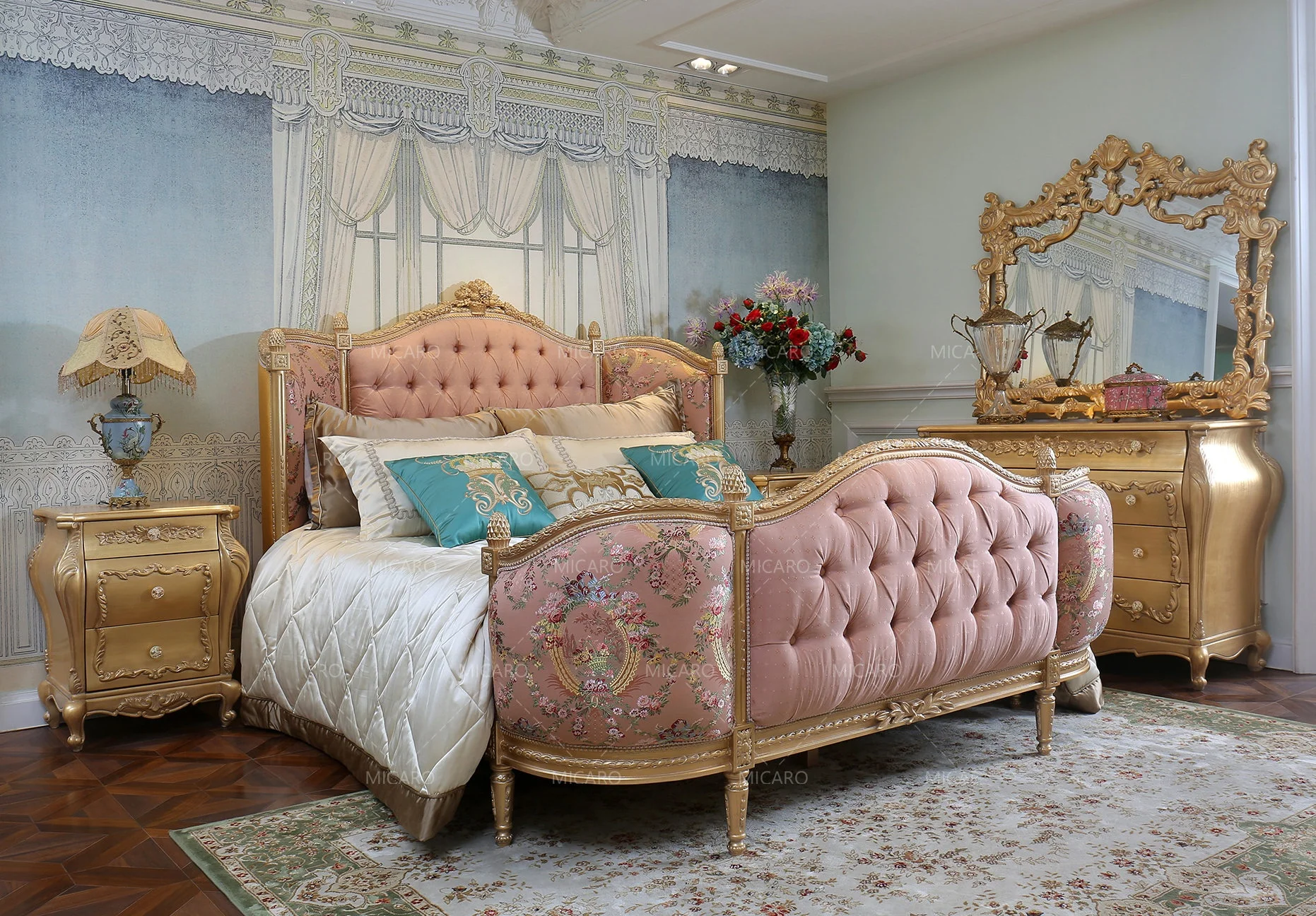 Luxury European style French classic solid wood gold bedroom furniture set for girls
