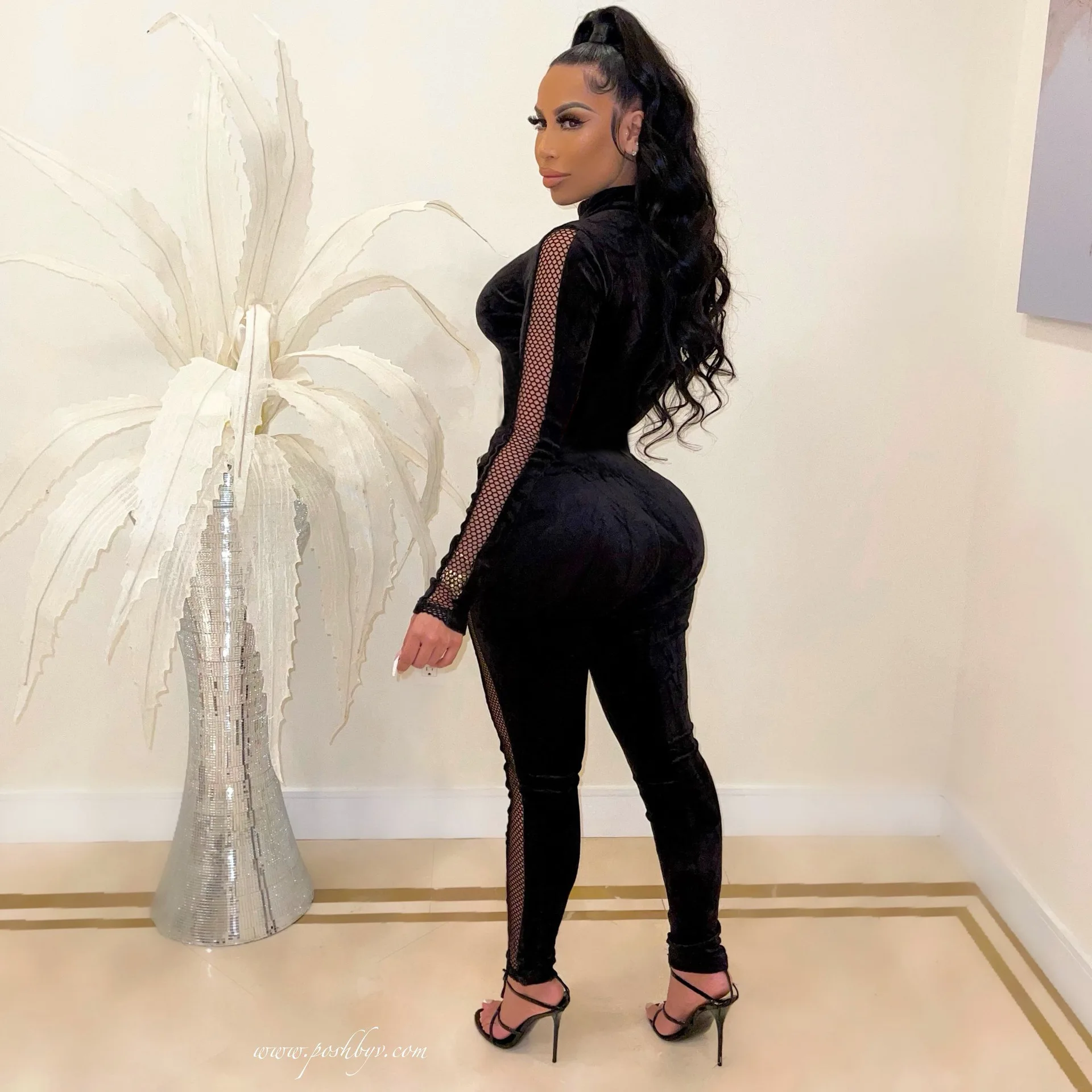 New Arrival Solid color thicken Velvet mesh splicing women bodysuits fall long sleeve Zippers velvet jumpsuit woman