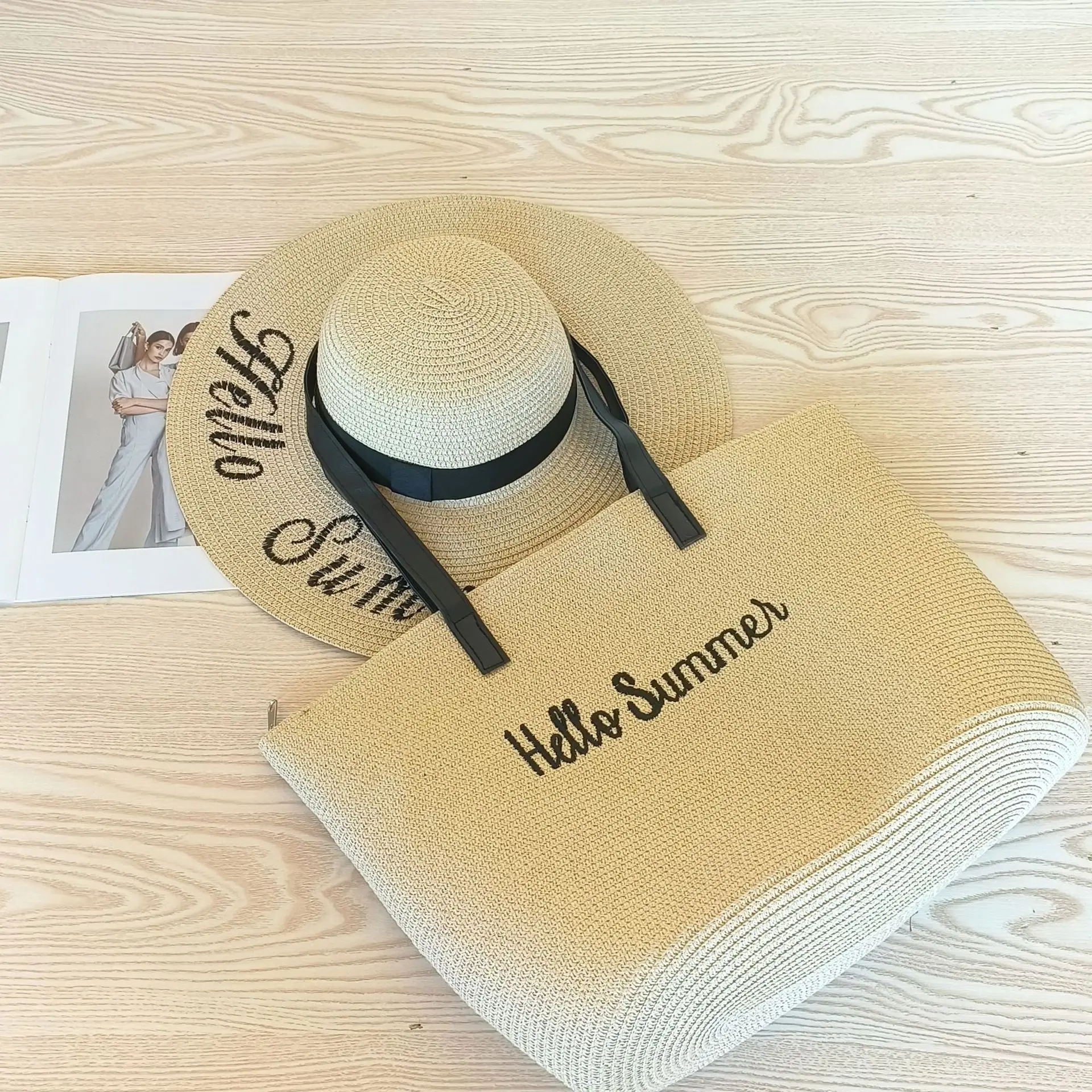 Sun Protection Sunshade Straw Woven Hat Bag Set Holiday Fashion Handbag Straw Hat Women Beach Bags And Hats
