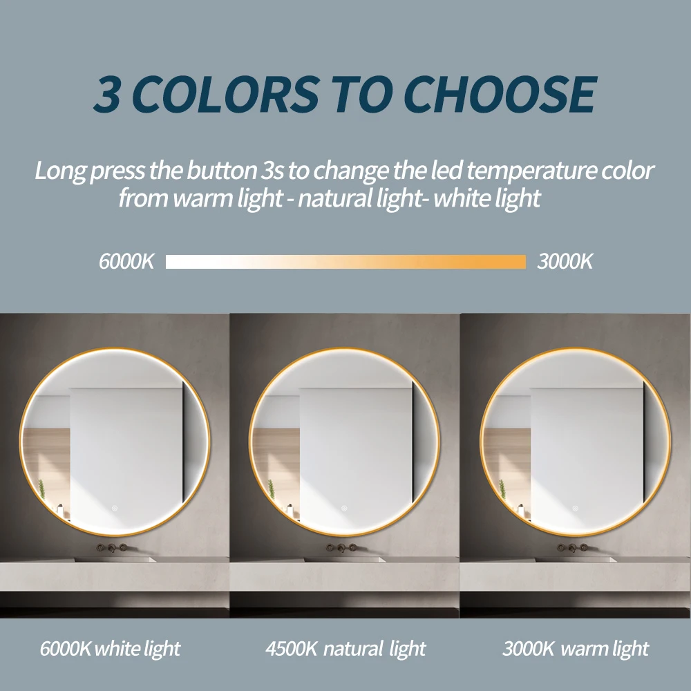 Bathroom Round Mirror With Gold Frame Luxury Hotel Smart Anti Fog Backlit Mirror Led Makeup Mirror Touch Screen