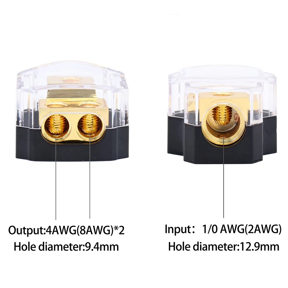 2 Way  Copper Power Distribution Block for Car Audio 0/2/4 Gauge in 4/8 Gauge out Splitter Components Power Fuse Block